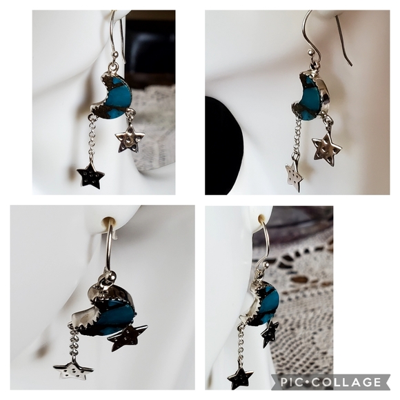 Genuine Turquoise & Pyrite Moon and Stars Earrings - Picture 4 of 6